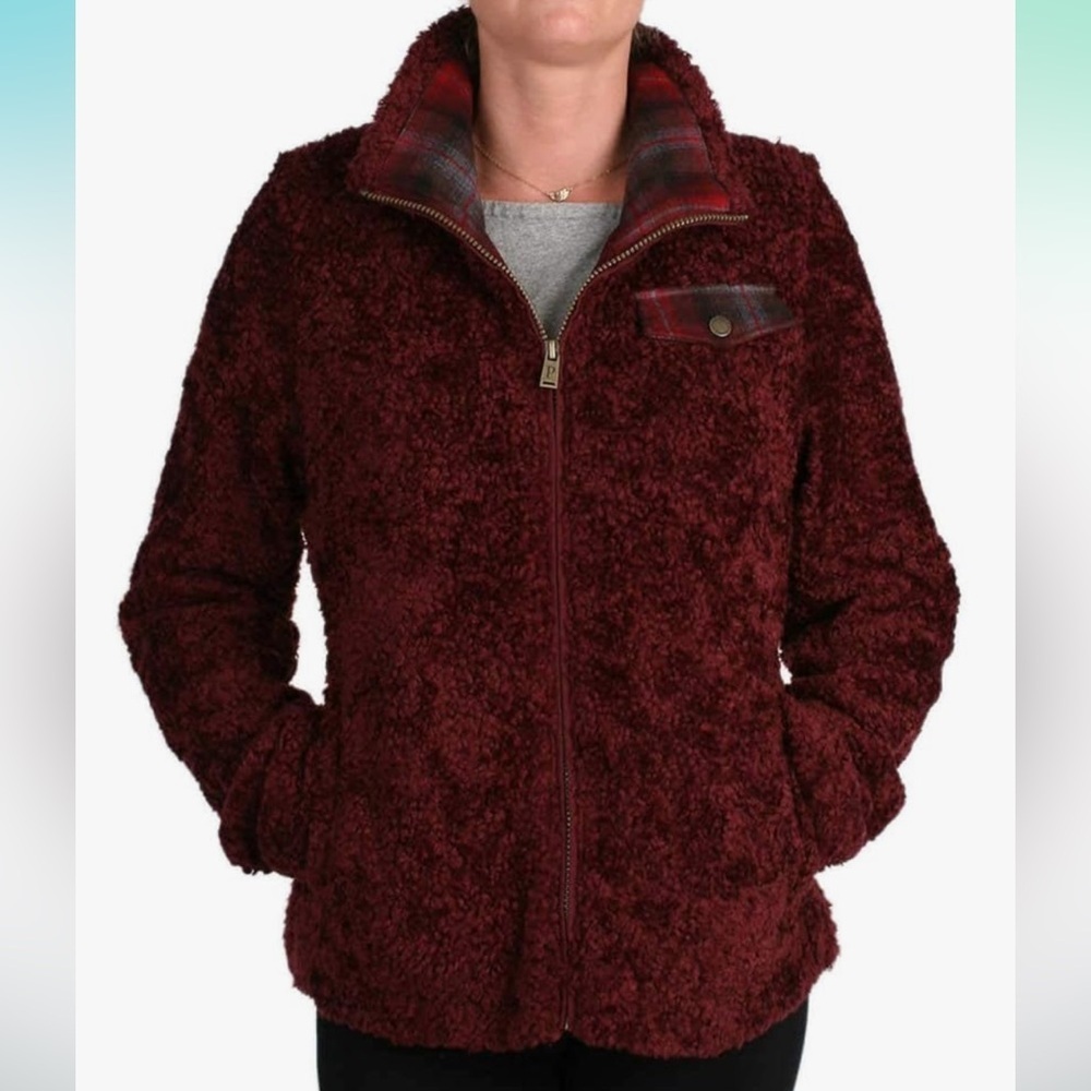 Pendleton Burgundy SHERPA Fuzzy Soft Full Zip Mock Neck Sweater Jacket MEDIUM